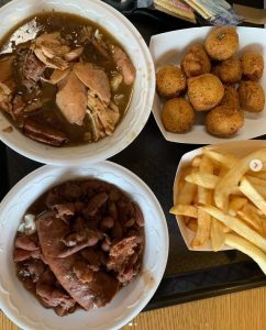gumbo, and red beans and rice on the left, fried foods on the right