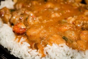 close up of crawfish etouffee over rice