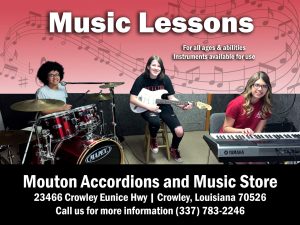 flier for music lessons with kids playing different instruments