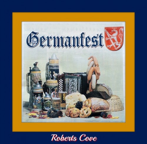 Germanfest with a crest on the top. Main image is of beer steins, an accordion, and German foods