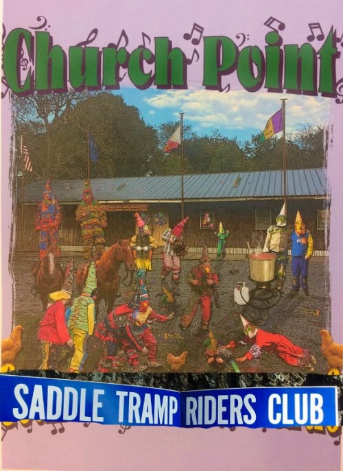 Church Point written across the top, Saddle Tramp Riders Club along the bottom. There's an image in the middle of men in traditional Mardi Gras costumes