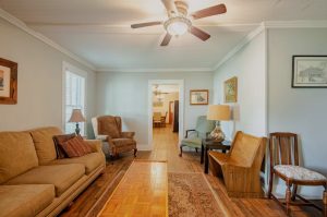 living room with hardwood floors, area rug, and furniture