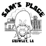 Yosemite Sam standing in front of historic buildings, black and white drawing