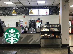 starbucks counter with chalkboard background and logo in the bottom left corner