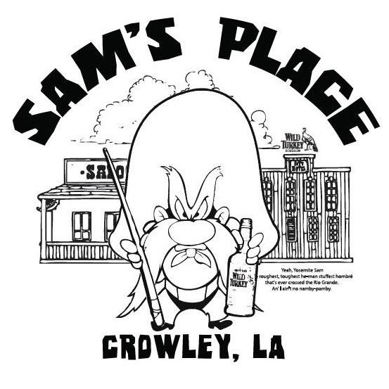 Yosemite Sam standing in front of historic buildings, black and white drawing