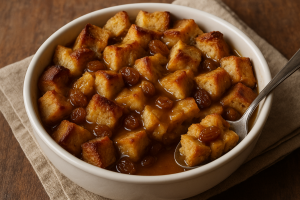 bowl of bread pudding with chunks of bread on top