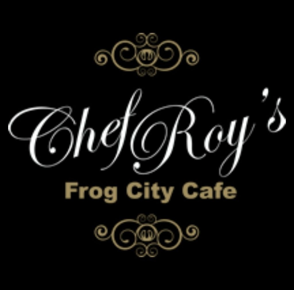logo of Chef Roy's Frog City Cafe on a black background