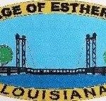 Village of Estherwood Logo featuring the pontoon bridge over water with trees on either side, within a yellow oval