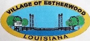 Village of Estherwood Logo featuring the pontoon bridge over water with trees on either side, within a yellow oval
