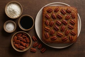 syrup cake with pecans on top to the right of the image, bowls of ingredients on the left