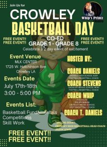 green flyer with young basketball player in the background and event details overlaid