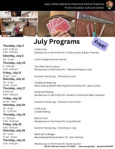 Listing of July events at Jean Lafitte National Historical Park & Preserve