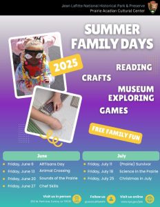 Informational flyer with picture of young girl with mardi gras mask and a picture of arts and crafts, includes dates of upcoming events