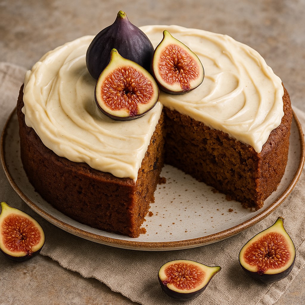 iced fig cake with figs on top and on the table near the plate