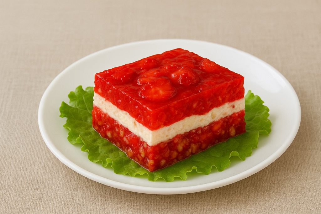 strawberry salad served o a leafof lettuce