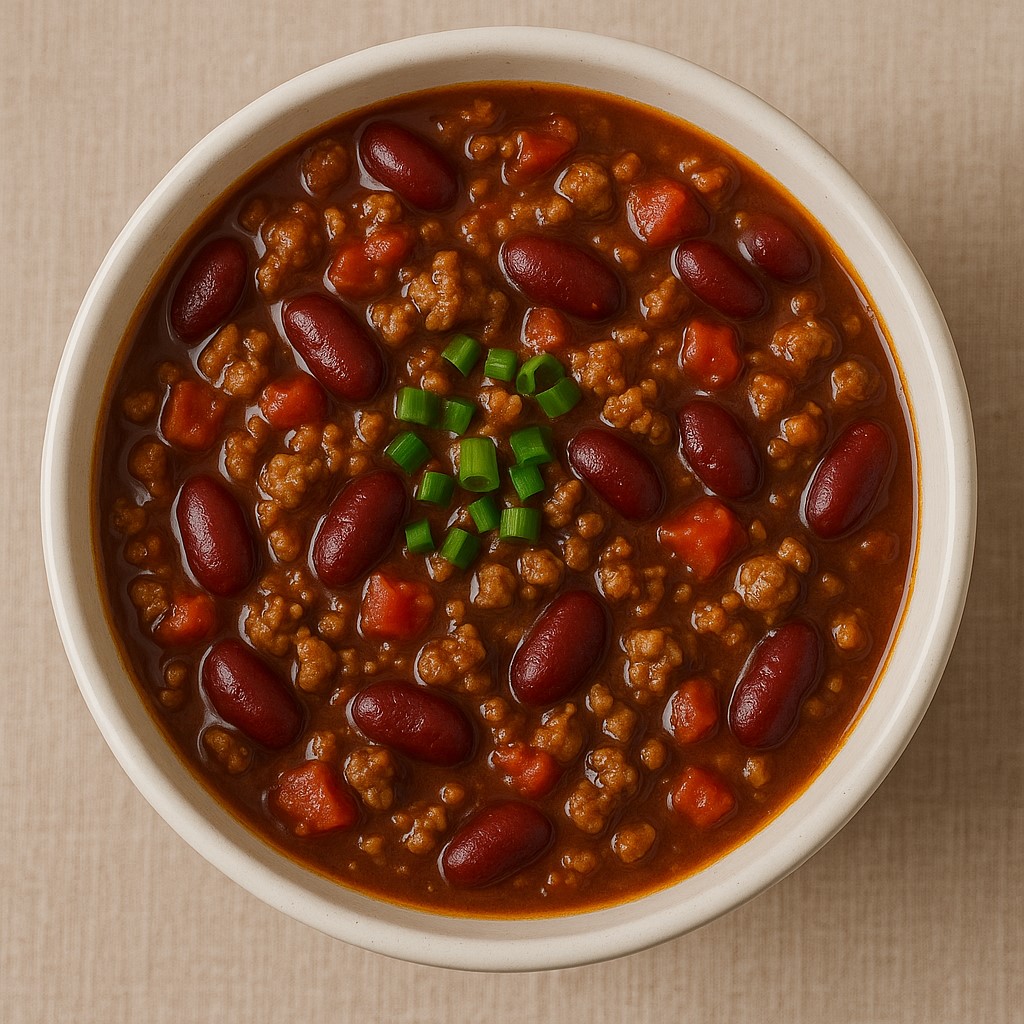 bowl of chili with beans, garnished with green onions