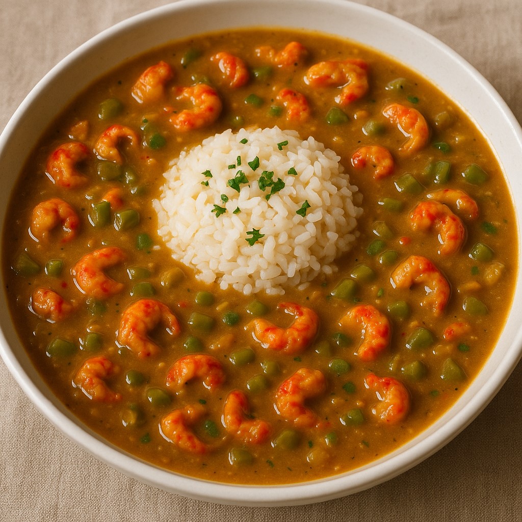 white bowl of crawfish etouffee with rice