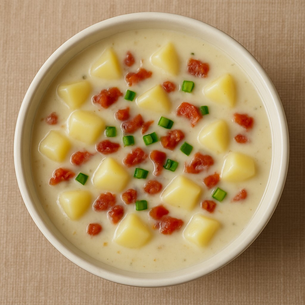 bowl of potato soup topped with bacon bits and green onions