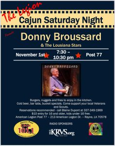 Informational Flyer about live music at American Legion in Rayne, Louisiana