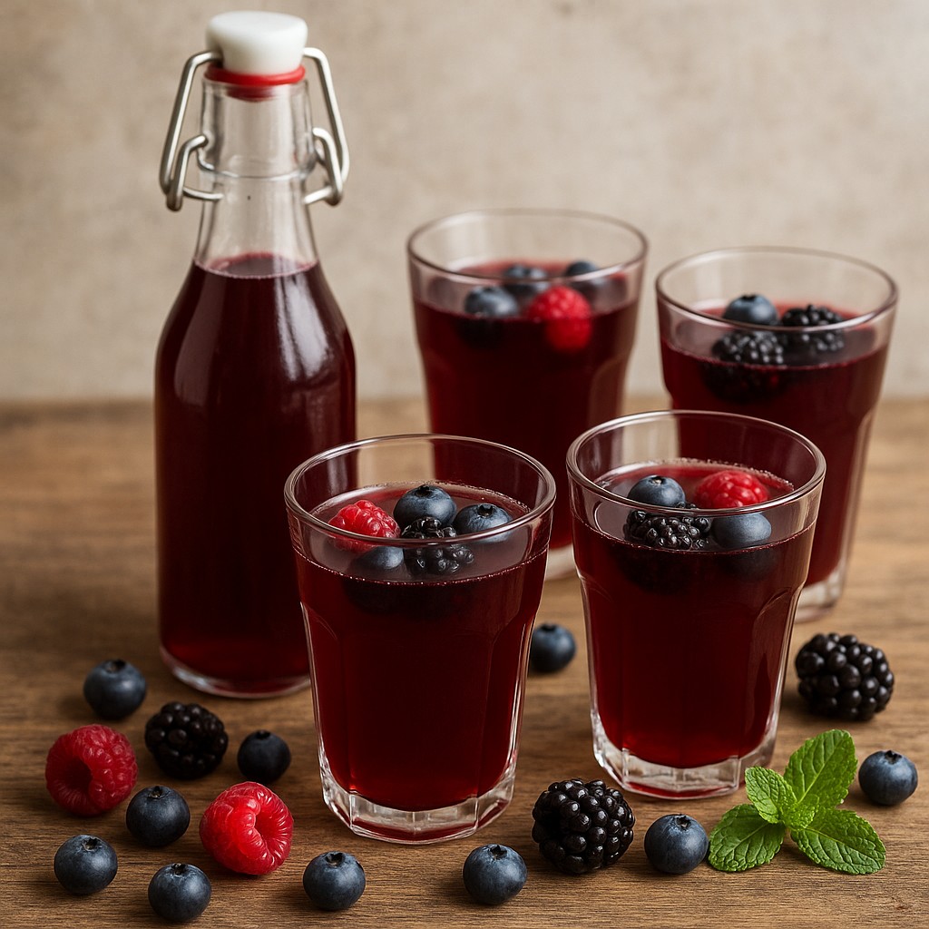 four glasses and a bottle of berry cordial with fresh berries