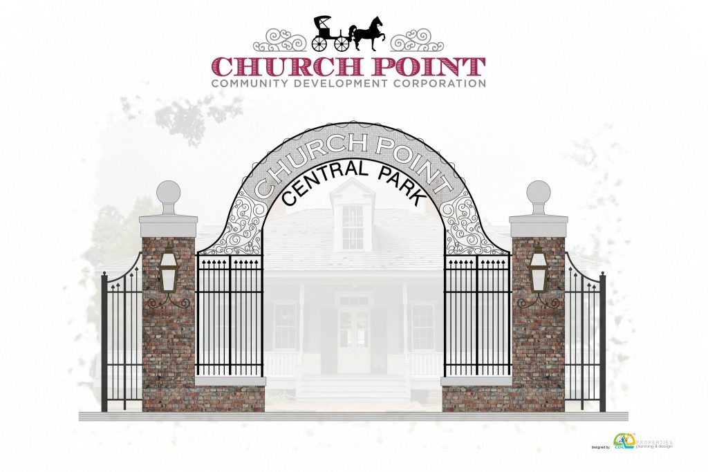 Church Point Community Development Corporation logo featuring open gate with Central Park in iron on the gate