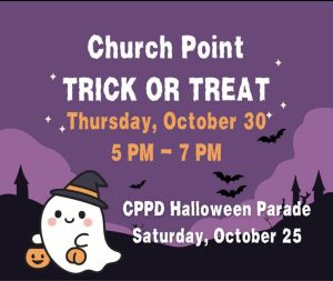 informational flyer about Church Point Trick or Treat with friendly ghost