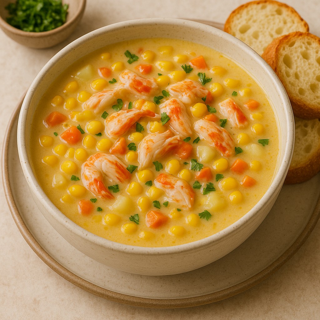 bowl of corn and crab chowder with sliced bread on the side