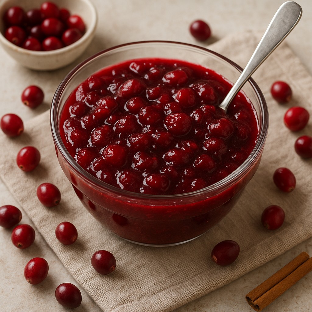 glass bowl of homemade cranberry sauce with cranberries on the table around the bowl