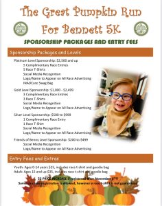 The Great Pumpkin Run for Bennett 5K sponsorship levels and entry fees