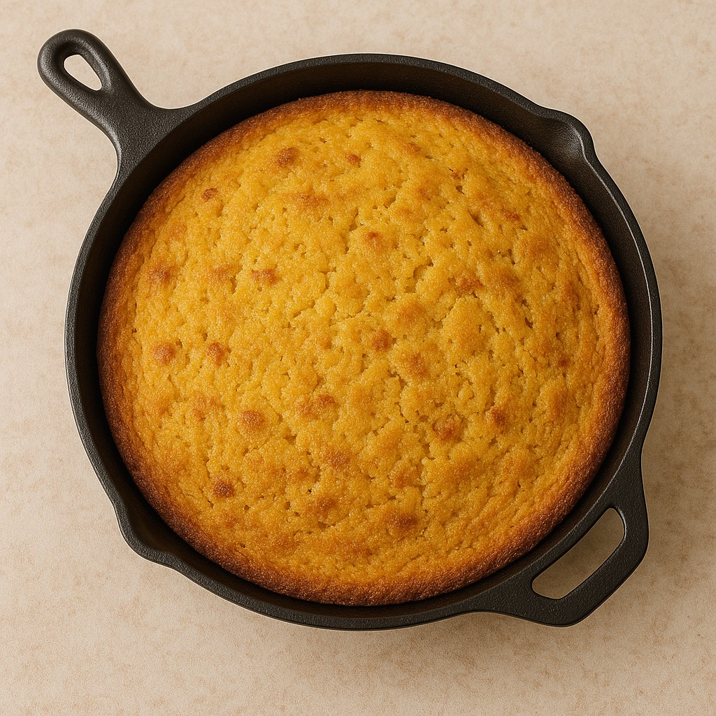 corn bread in a black cast-iron pan with handle