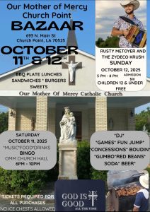 Informational flyer with church in the background