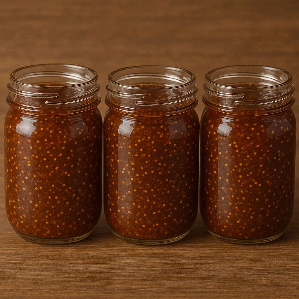 three jars side by side filled with fig jam, open tops