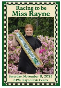 Racing to be Miss Rayne informational flyer featuring image of beauty queen holding sash