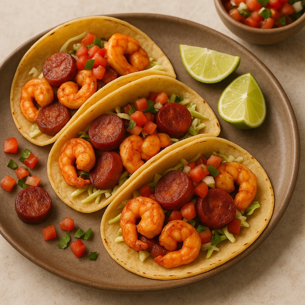 three shrimp and chorizo tacos on a plate with lime wedges