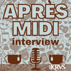 radio microphone, tea cups and Apres Medi interview typed out, KRVS logo in the bottom right-hand corner