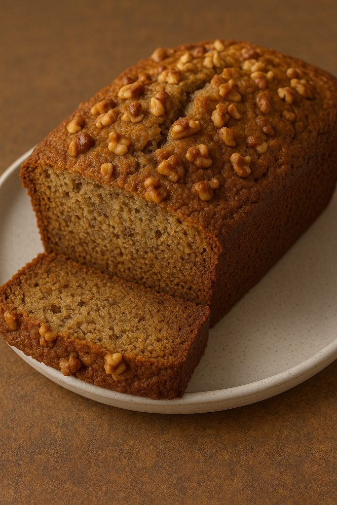 loaf of banana nut bread on plate, crushed nuts on top