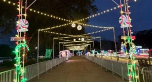 gated alley with Christmas lights display
