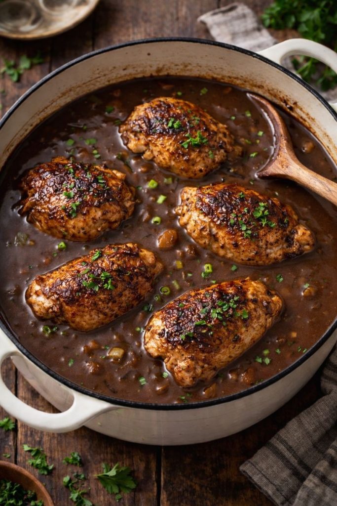 Cajun chicken fricassee in a dark gravy in a pot