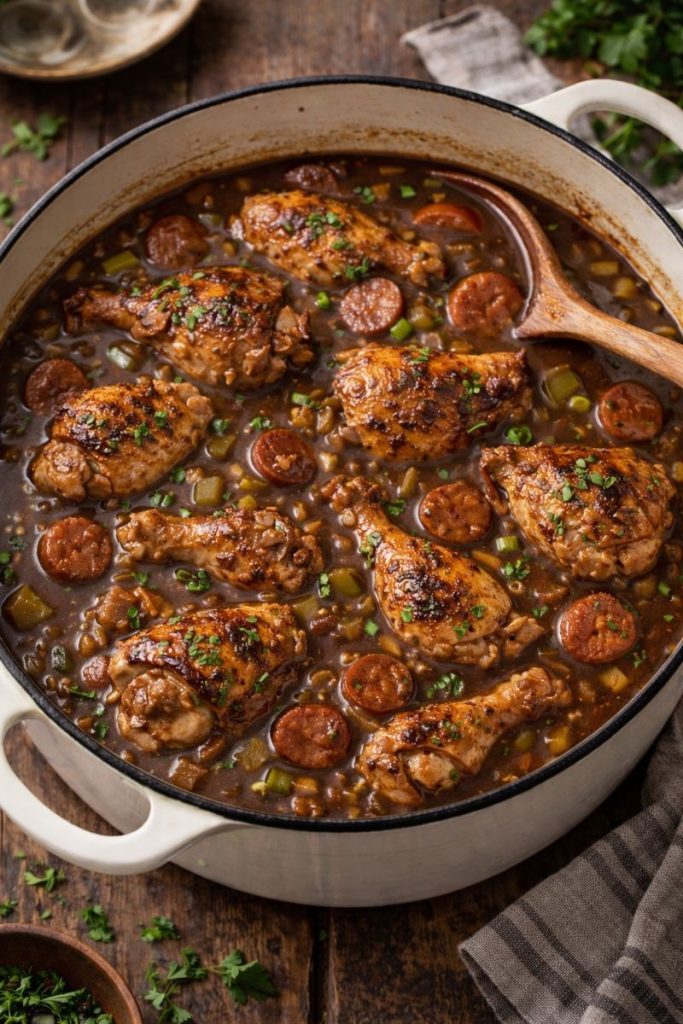 chicken and sausage gumbo in a pot with wooden spoon