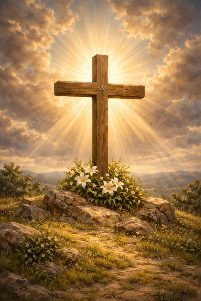 wooden cross on a hill with sunlight coming from behind