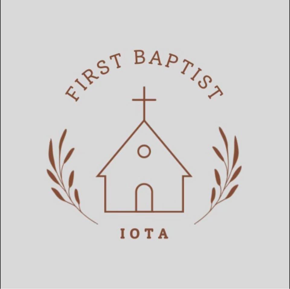 outline of church building, rice stalks on the side, First Baptist, Iota