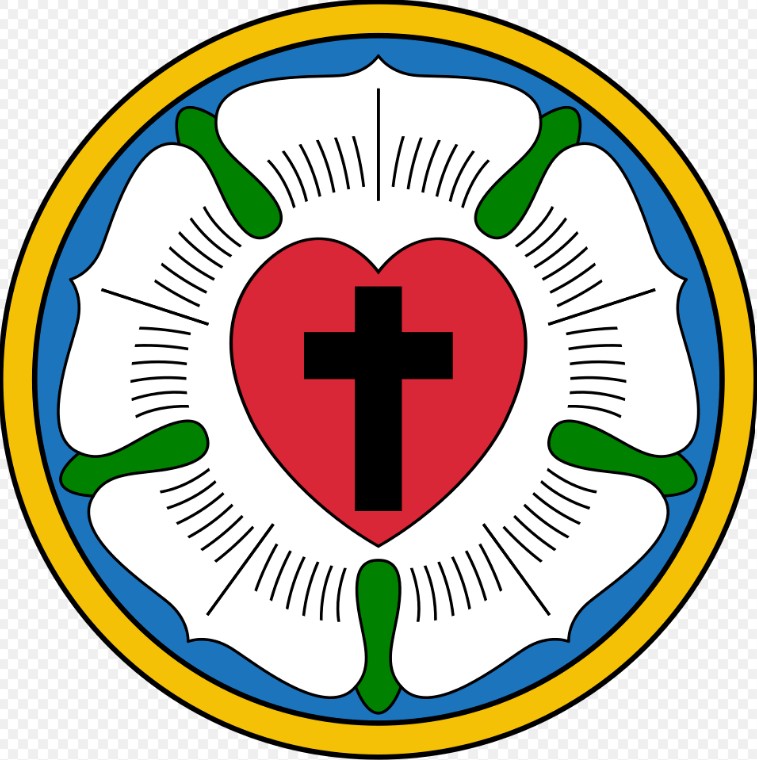 image of the Luther Rose, black cross in the center of a red heart, surrounded by a five-petaled flower