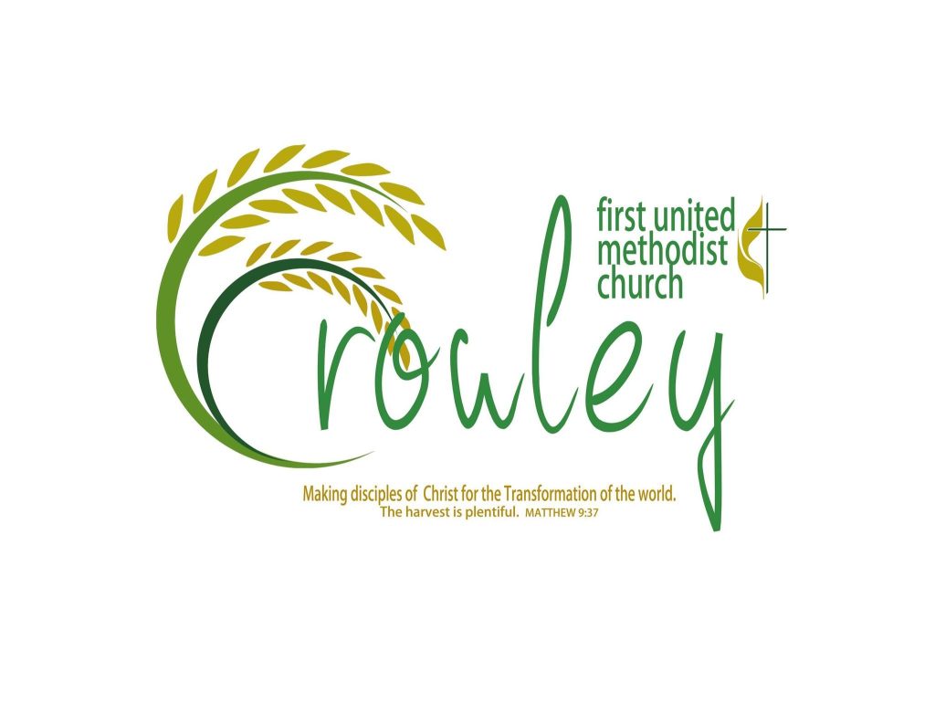 First United Methodist Church of Crowley logo, Crowley featured prominently with rice stalks