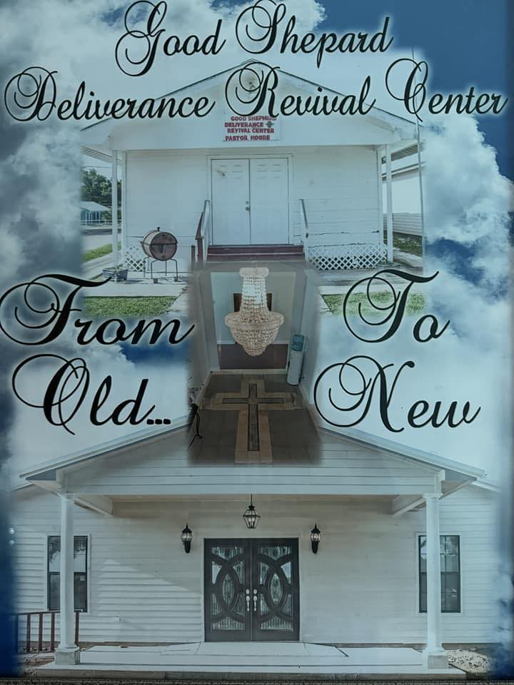 two images of a white, wooden church building