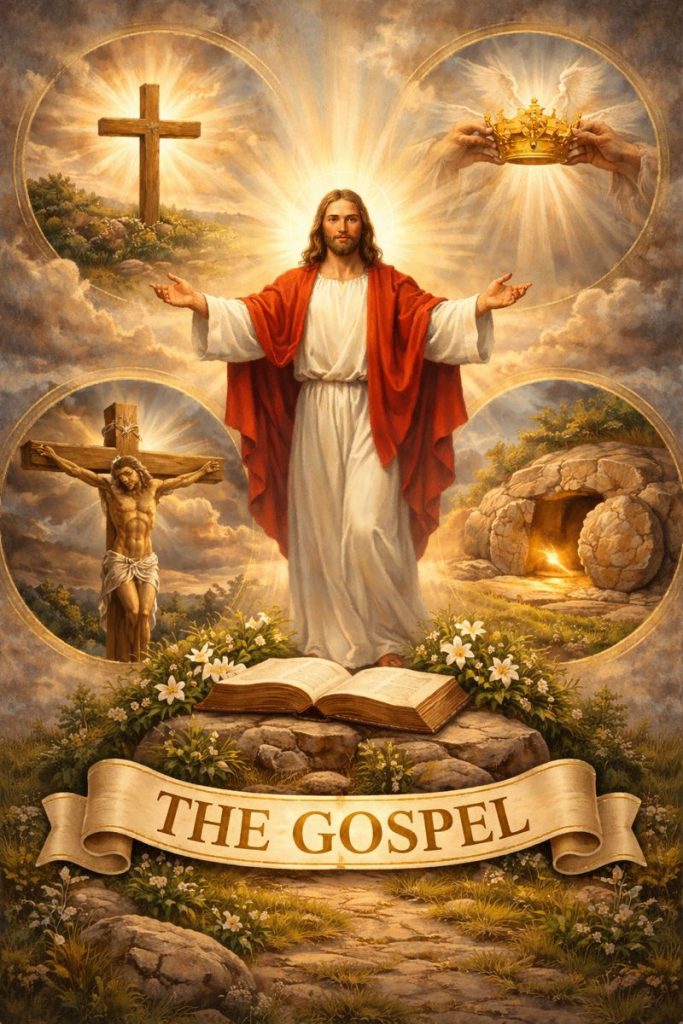 Image of Jesus Christ in the center with The Gospel written on a scroll at the bottom and four images depicting his life
