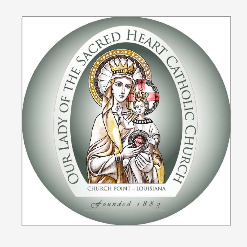 Our Lady of the Sacred Heart church logo featuring image of Virgin Mary holding baby Jesus