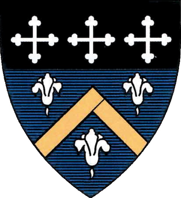 shield featuring black top with three white crosses. The bottom of the shied is a blue background with three white flowers