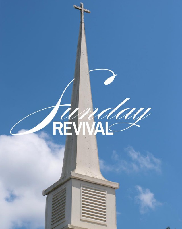 Church steeple with Cross on top with the words Sunday Revival