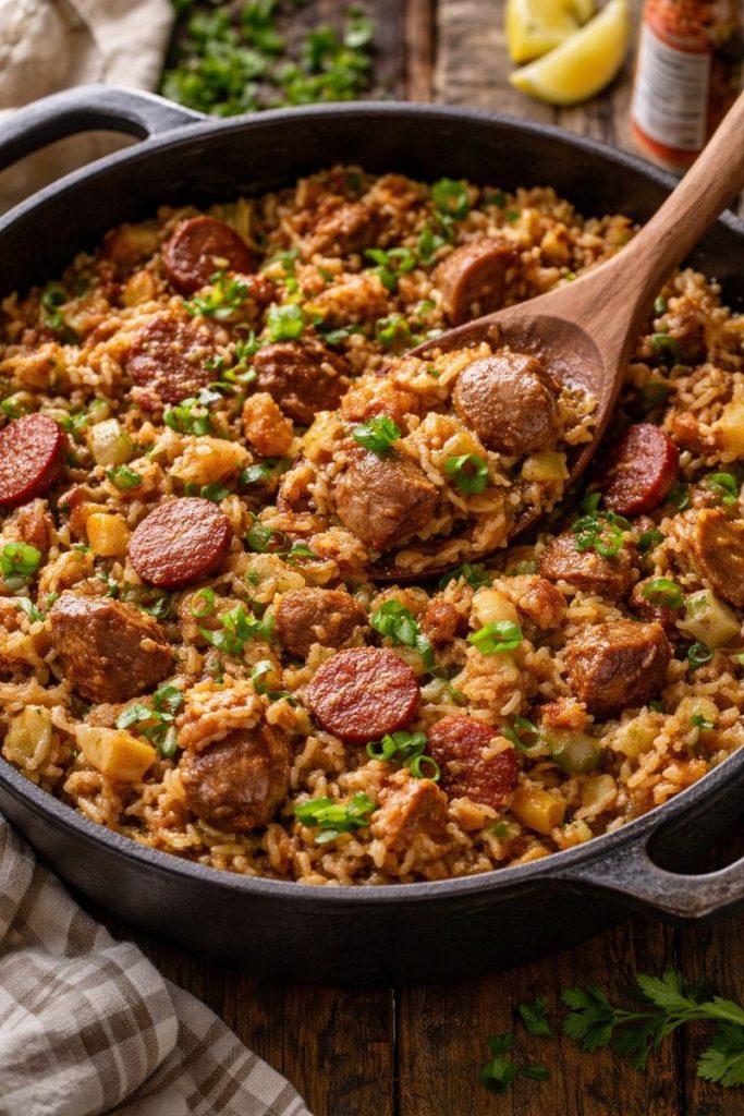 pork jambalaya in a cast iron pot and wooden spoon