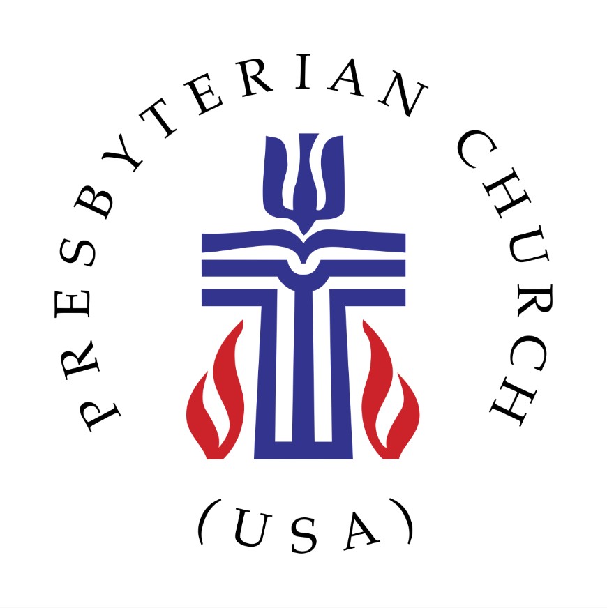 Presbyterian Church logo with blue cross and red flames
